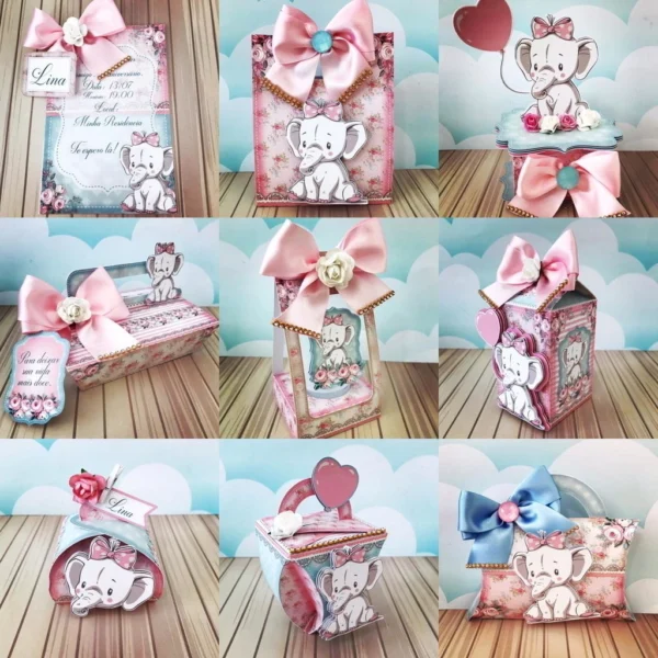 Arquivo digital para personalizados de aniversário no tema Elefantinho Rosa em formato Studio.