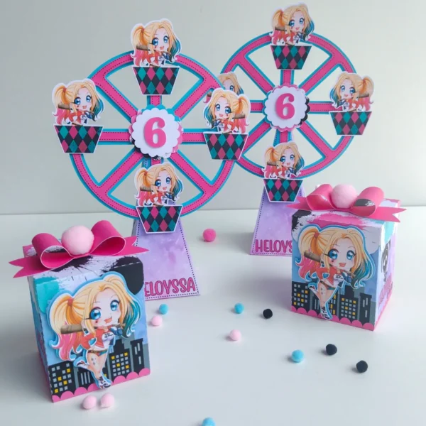 Arquivo digital de corte para decoração de aniversário infantil no tema Arlequina em formato Studio.
