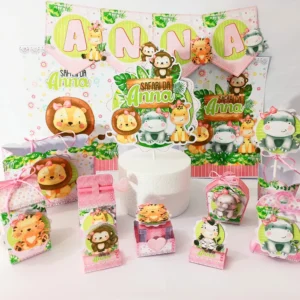 Arquivo digital para aniversário no tema Safari Menina em formato Studio e PDF.