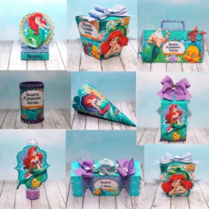 Itens de decoração para aniversário tema Sereia Ariel em arquivo digital Studio e PDF.