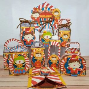 Arquivo de corte digital tema aniversário Circo Menino nos formatos Studio e PDF para máquinas Silhouette ou tesoura, com ilustrações vibrantes e alta resolução.