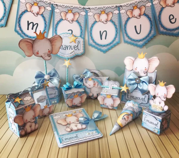 Kit de arquivos digitais para personalizados de aniversário tema Elefantinho.