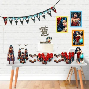 Arquivo digital para festa no tema Mulher Maravilha em formatos Studio e PDF.
