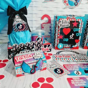 Arquivo digital tema Páscoa Tik Tok para topo de bolo e embalagens em Studio e PDF.