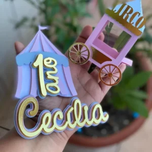 Arquivo de corte digital para topo de bolo tema Circo Rosa em 3D no formato Studio para máquinas Silhouette, com camadas delicadas e alta resolução.