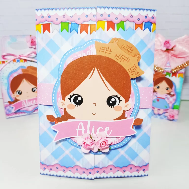 Arquivo de corte para caixas milk e pirâmide tema Festa Junina Menina nos formatos Studio e PDF, ideal para festas de luxo e eventos.