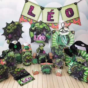 Arquivo digital para festa no tema Hulk em formatos Studio, PNG e PDF.