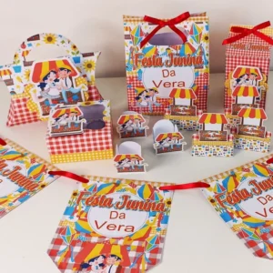 Moldes digitais de decoração para arranjo de mesa de arraiá nos formatos Studio e PDF para impressão de alta resolução e personalizados de festas típicas.