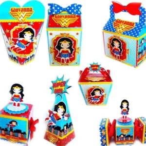 Kit de arquivos digitais para personalizados de aniversário infantil tema Mulher Maravilha.