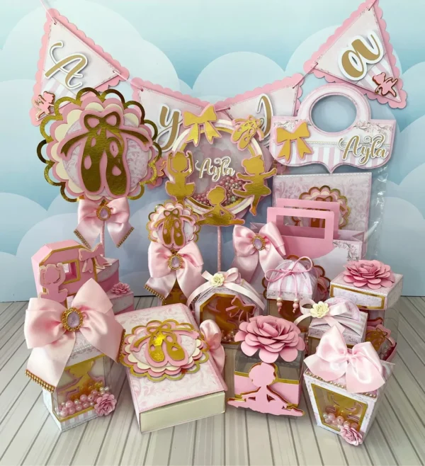 Arquivo digital para personalizados de festa infantil no tema Bailarina em formatos Studio, PNG e PDF.