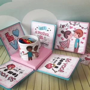 Arquivo de corte digital para caixa explosão tema Dia dos Namorados nos formatos Studio e PDF para máquinas Silhouette ou tesoura, com abas interativas e alta resolução.