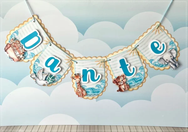 Personalizados de aniversário tema Arca de Noé para centro de mesa em arquivo digital.