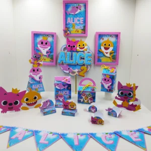 Arquivo digital para centro de mesa no tema Baby Shark em formatos Studio, PNG e PDF.