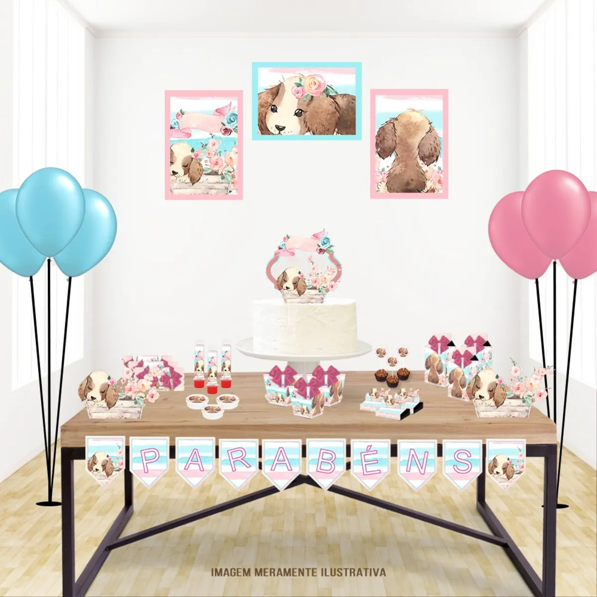 Arquivo digital para centro de mesa no tema Cachorrinhos em formatos Studio e PDF.