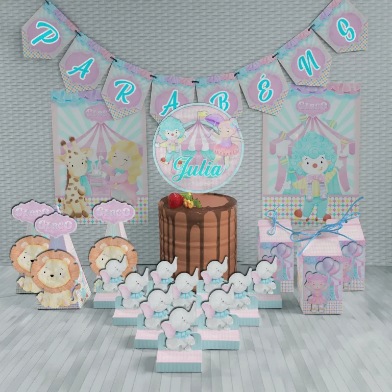 Arquivo de corte digital tema centro de mesa Circo Aquarela nos formatos Studio, PNG e PDF para máquinas Silhouette ou tesoura, com texturas suaves e alta resolução.