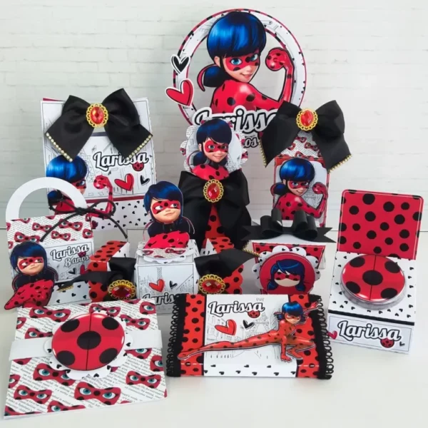 Centro de mesa tema Ladybug em arquivo digital para decoração de festa infantil e aniversário.
