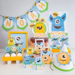 Centro de mesa tema Monstrinhos em arquivo digital para decoração de festa infantil e aniversário.
