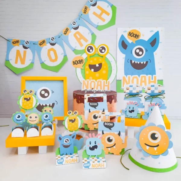 Centro de mesa tema Monstrinhos em arquivo digital para decoração de festa infantil e aniversário.