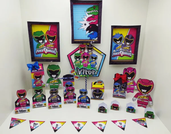 Arquivo digital de corte para centro de mesa no tema Power Rangers em formatos Studio, PNG e PDF.