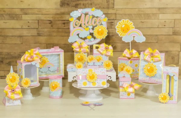 Arquivo de corte para centro de mesa de aniversário tema Sunshine no Studio e PDF.