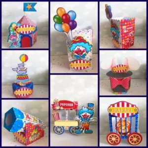 Arquivo de corte digital tema Circo para decoração de festa infantil no formato Studio para máquinas Silhouette, com moldes prontos para imprimir e recortar.