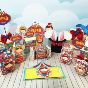 Arquivo de corte digital tema Circo para festa infantil no formato Silhouette Studio, com moldes prontos para imprimir e recortar em máquinas de corte.