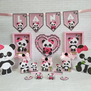 Arquivo digital para decoração de aniversário no tema Panda Rosa em formato Studio.