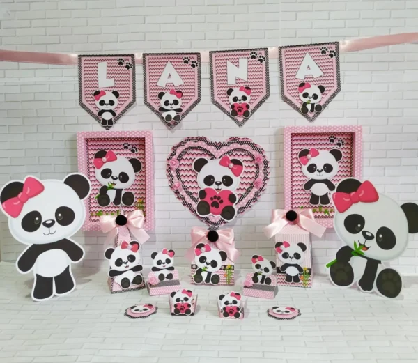 Arquivo digital para decoração de aniversário no tema Panda Rosa em formato Studio.