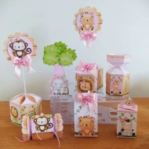 Elementos de decoração para aniversário no tema Safari Rosa em arquivo digital Studio.