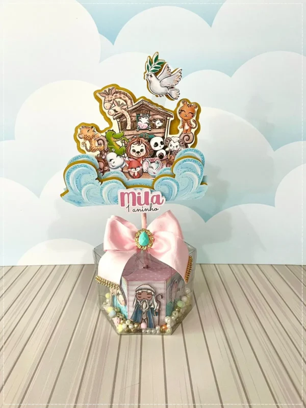 Topper de bolo tema Arca de Noé Rosa em arquivo digital pronto para imprimir e cortar.
