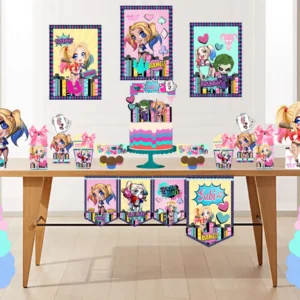 Arquivo digital de corte para decoração de festa infantil no tema Arlequina em formatos Studio e PDF.