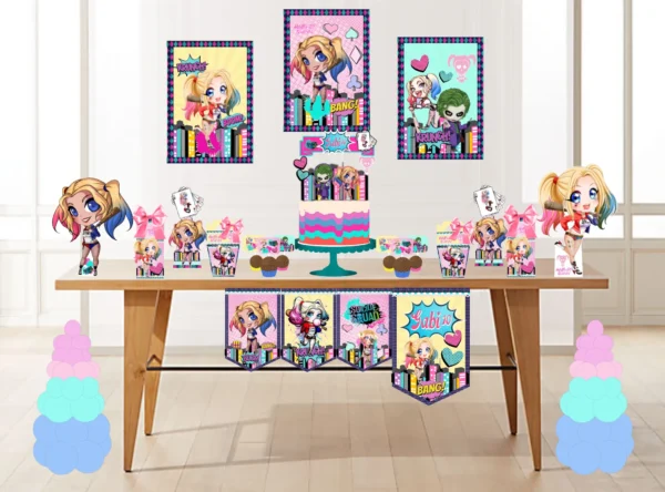 Arquivo digital de corte para decoração de festa infantil no tema Arlequina em formatos Studio e PDF.