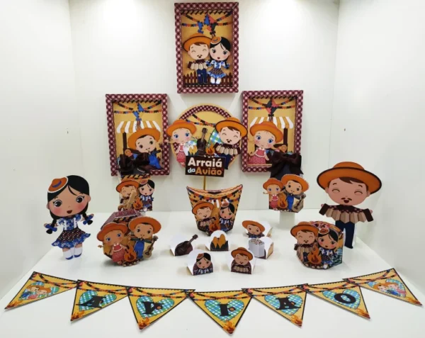 Arquivo de corte digital tema decoração arraiá festa junina nos formatos Studio, PNG e PDF para máquinas Silhouette ou tesoura, ideal para personalizados de luxo.