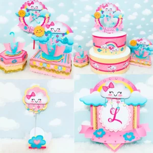 Itens de decoração para tema Chuva de Bençãos menina em arquivo digital Studio e PDF.