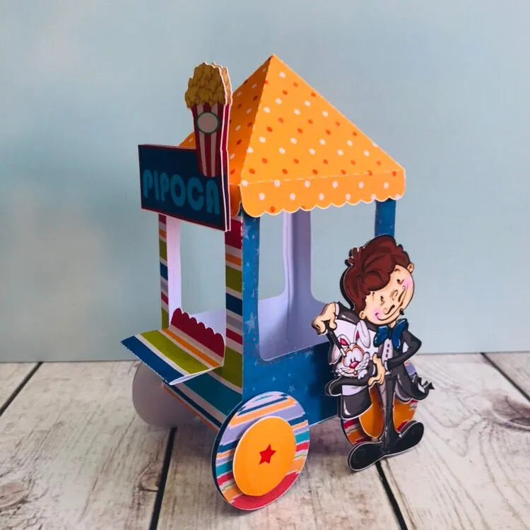 Kit de arquivos digitais para festa infantil tema circo com topo de bolo e itens decorativos.