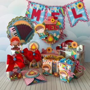 Moldes digitais de decoração para festa junina infantil feminina nos formatos Studio, PNG e PDF para impressão de alta resolução e personalizados de festas juninas.