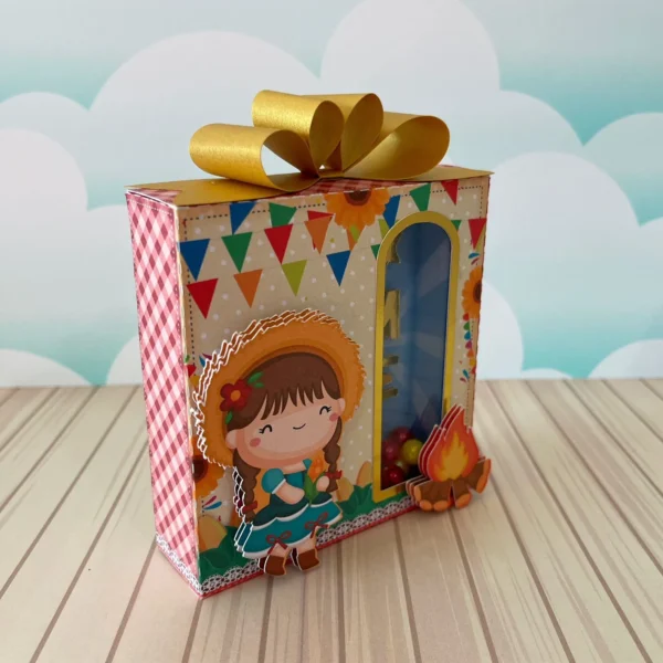 Arquivo de corte para caixas milk, pirâmide e decoração temática Festa Junina Menina nos formatos Studio, PNG e PDF, ideal para festas de luxo.