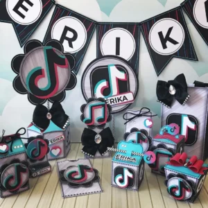 Itens de decoração para festa tema Tik Tok em arquivo digital Studio e PDF.