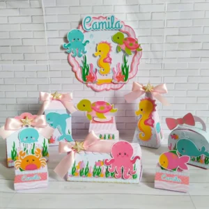 Topo de bolo para decoração fundo do mar menina em arquivo digital Studio e PDF com elementos marinhos delicados.