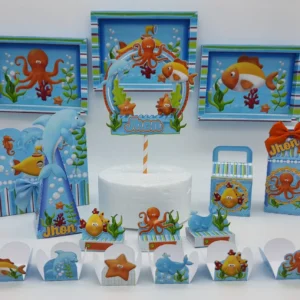 Topo de bolo para decoração fundo do mar menino em arquivo digital Studio e PDF com baleia e caranguejo.