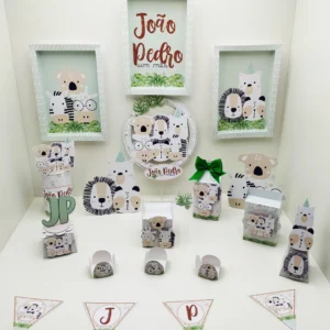 Itens de decoração para festa infantil no tema Safari em arquivo digital Studio, PNG e PDF.