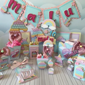Kit de arquivos digitais para personalizados de aniversário tema Pop It Menina em múltiplos formatos.