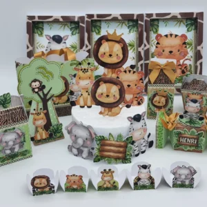 Itens de decoração para tema Safari Infantil em arquivo digital Studio e PDF.