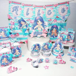 Topo de bolo para decoração sereia fundo do mar em arquivo digital Studio e PDF com elementos marinhos.