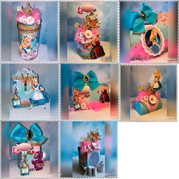 Arquivo de corte digital para decoração de aniversário tema Alice no País das Maravilhas nos formatos Studio e PDF para máquinas Silhouette ou tesoura, ideal para personalizados de luxo.