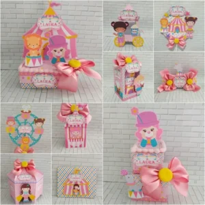 Moldes digitais de decoração para o tema Circo Rosa nos formatos Studio e PDF para impressão de alta resolução e personalizados de festas de menina.