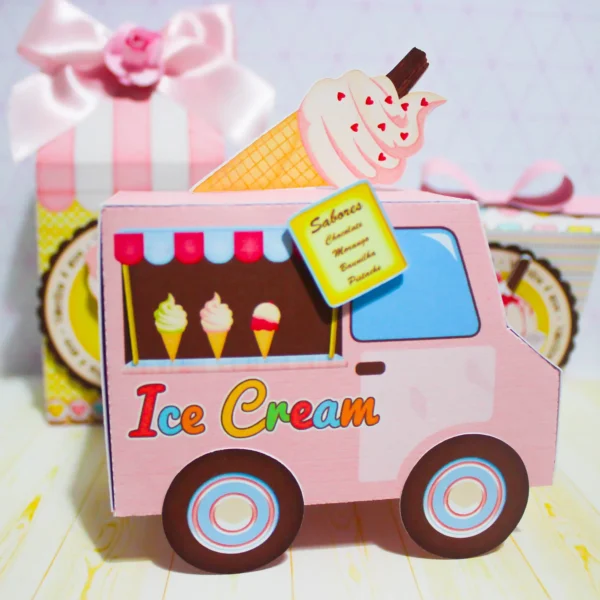 Kit digital de festa sorveteria com elementos de decoração em PDF e Studio.