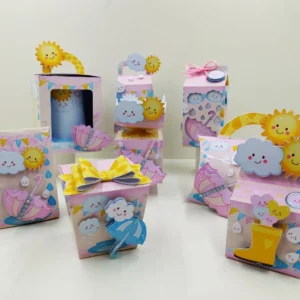 Itens de decoração para festa tema Chuva de Amor menina em arquivo digital Studio, PNG e PDF.