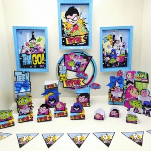 Itens de decoração para festa infantil tema Jovens Titãs em arquivo digital Studio, PNG e PDF.