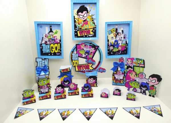 Itens de decoração para festa infantil tema Jovens Titãs em arquivo digital Studio, PNG e PDF.